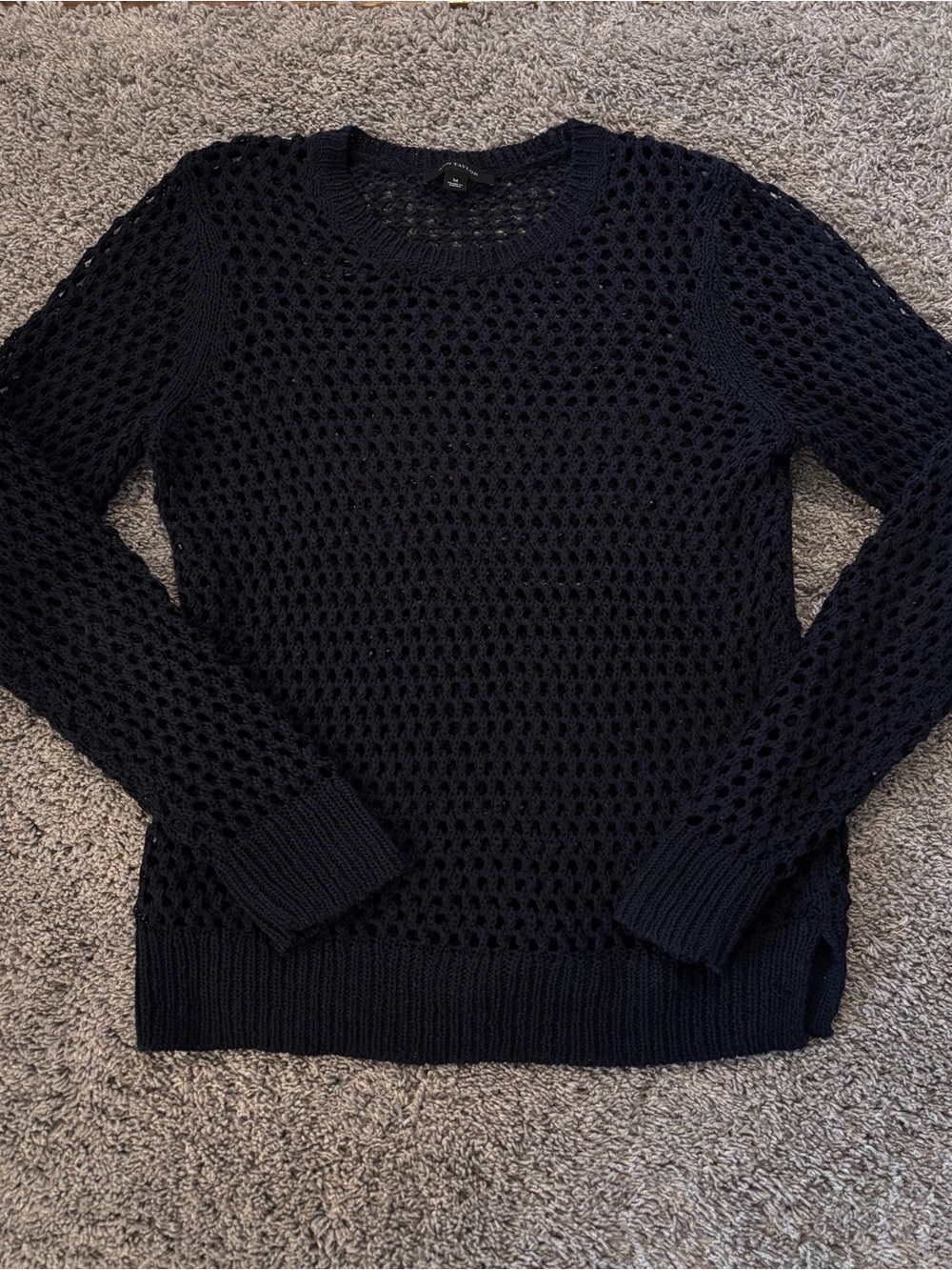 Ann Taylor Open Knit Crochet Sweater Pullover Crewneck Deep Navy Womens Size M